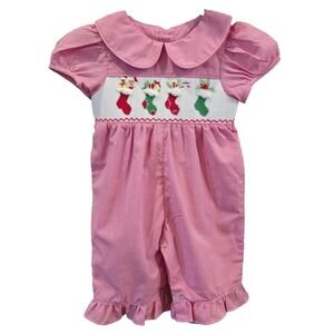 Mom & Me Baby Girl 3M Christmas Smocked Stocking Romper Red Gingham NWT 10693